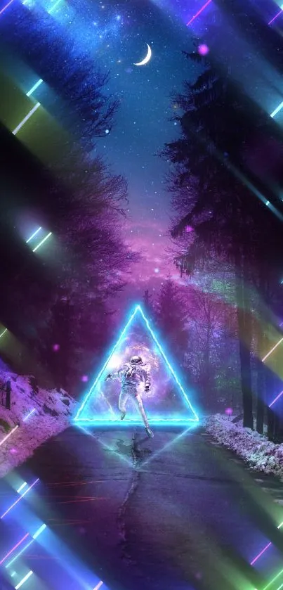 Futuristic neon triangle in a mystical night setting with cosmic elements.