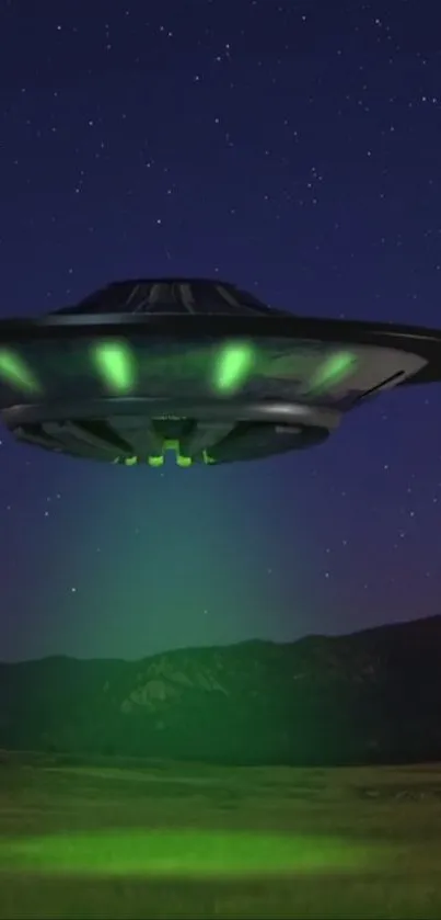 UFO hovers in a starry night sky, casting a green glow.