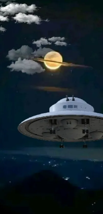 UFO hovering under a moonlit night sky.