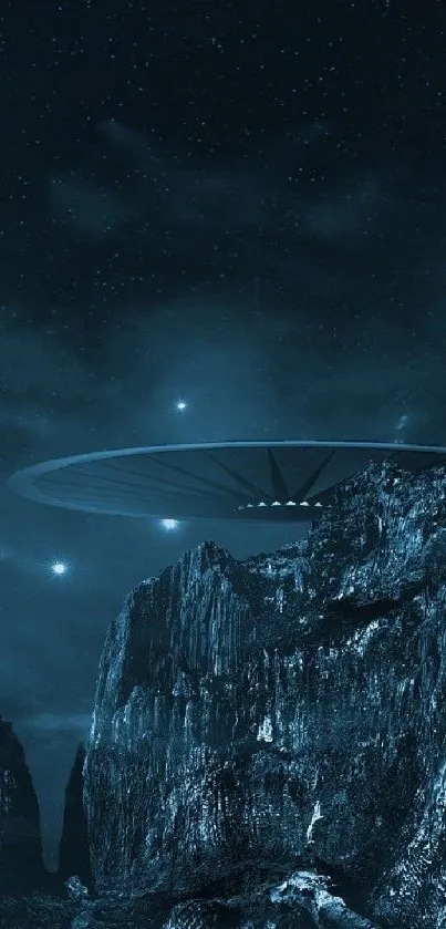 UFO hovering above mountains under a starry night sky.