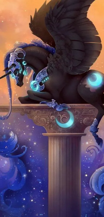 A black winged Pegasus with blue accents on a pedestal against a starry sky.