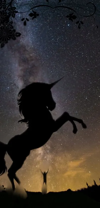 Unicorn silhouette under a starry night sky with mystical elements.