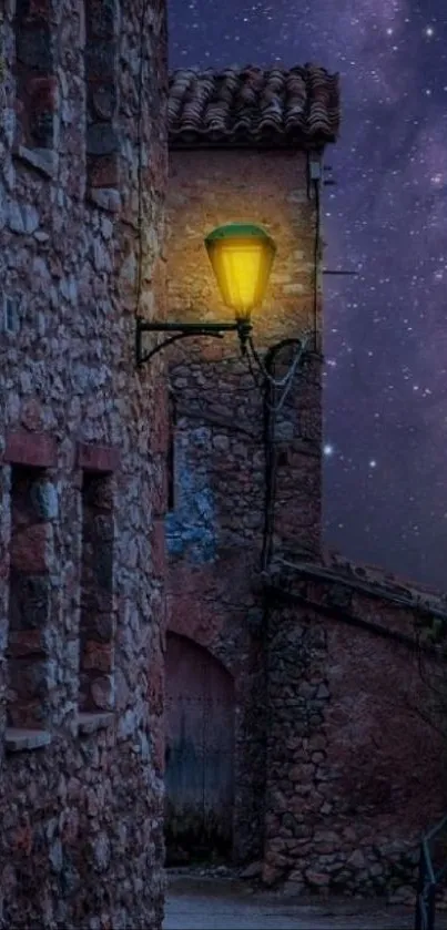 Stone village street at night with starry sky.