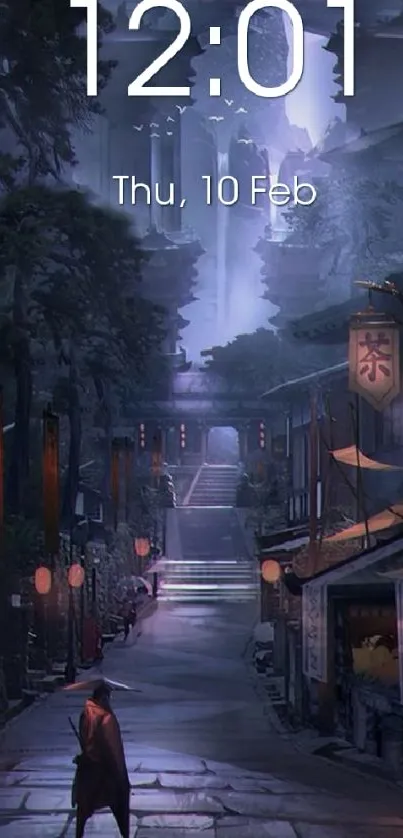 Moody Japanese street scene with lanterns at night.