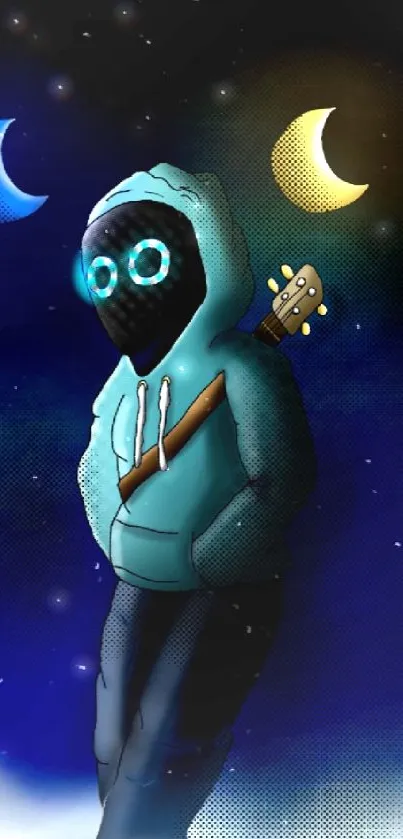 A hooded figure with glowing eyes stands against a mystical, moonlit blue background.