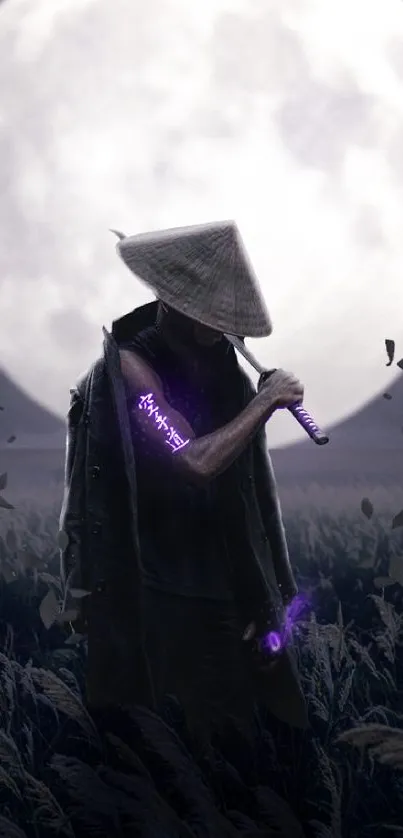 Mystical warrior under a full moon in a field, glowing purple.