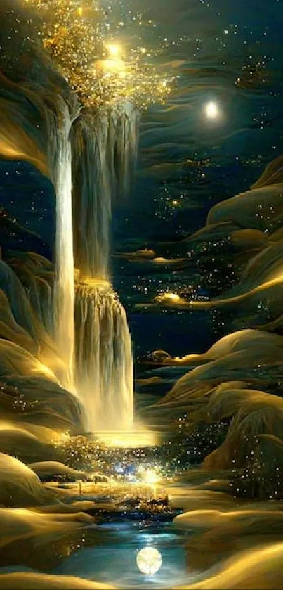 A mystical night scene with a glowing golden waterfall and starry sky.