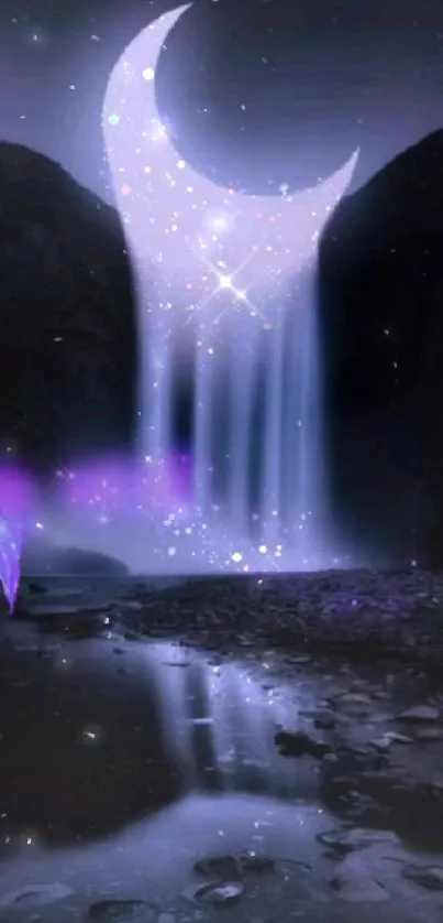 Purple waterfall beneath moon in night sky with stars.