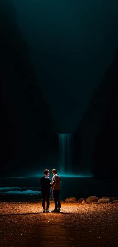 Two figures stand by a waterfall at night, surrounded by serene, dark teal shadows.