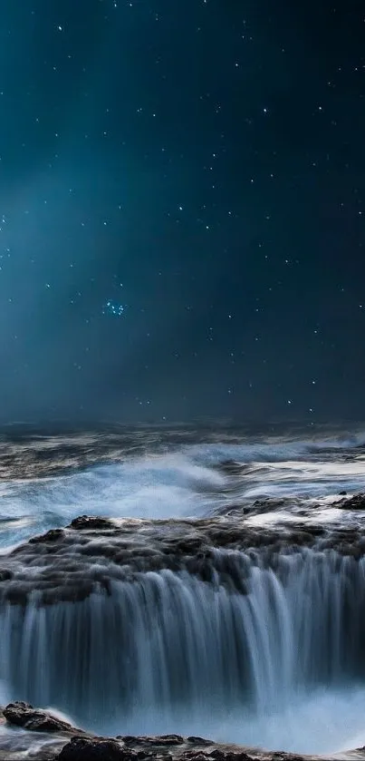 Mystical waterfall under starry night sky with moonlight.