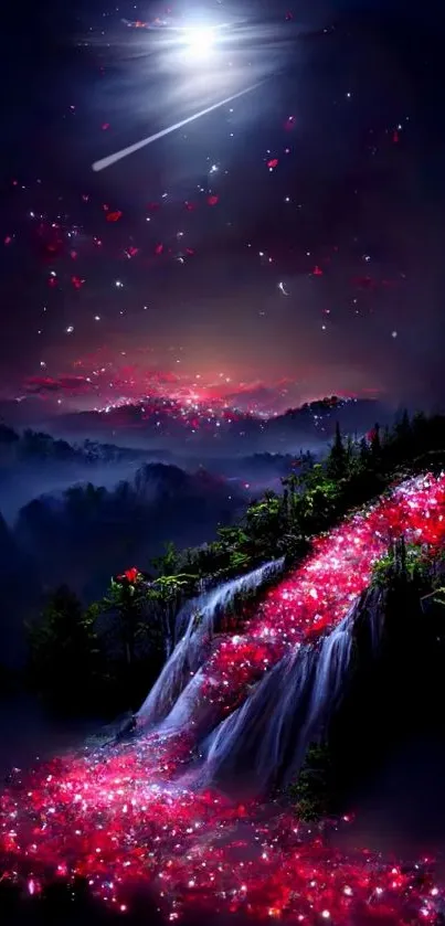 Mystical waterfall with pink lights under a dark night sky.