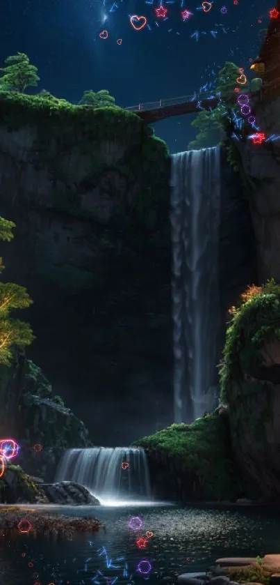 A serene waterfall at night with warm lamplight and lush greenery under a starry sky.