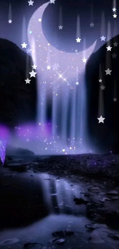 Mystical night waterfall with moonlit glow and stars.