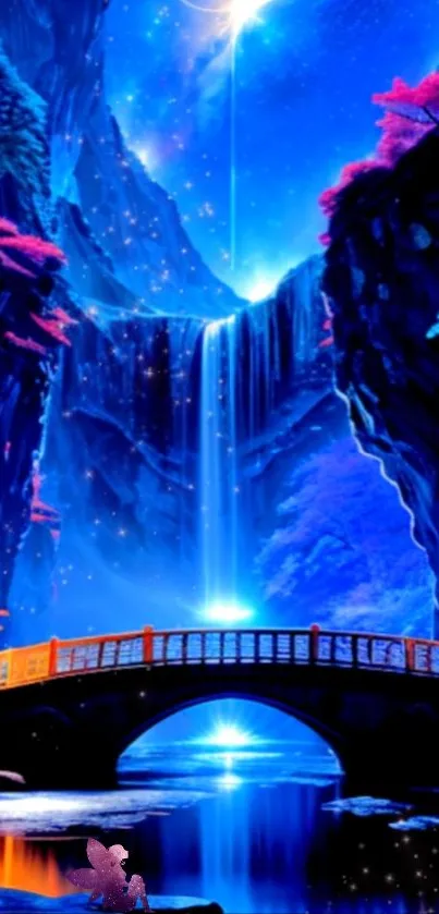 Enchanting blue waterfall and bridge in a mystical night scene.