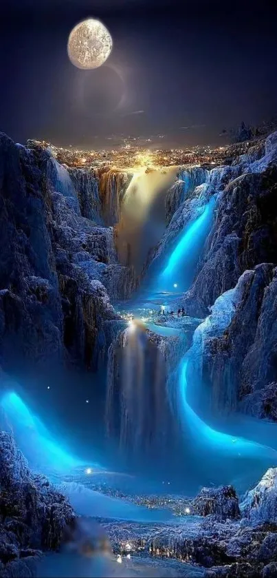 Luminescent waterfall under moonlight in a fantasy setting.