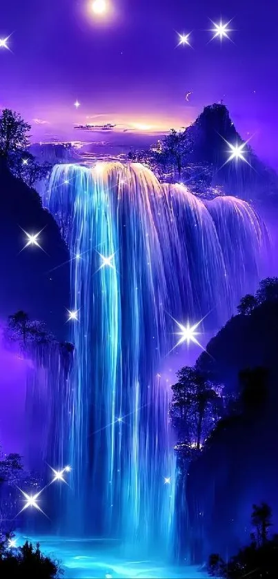 Mystical waterfall under a moonlit sky.