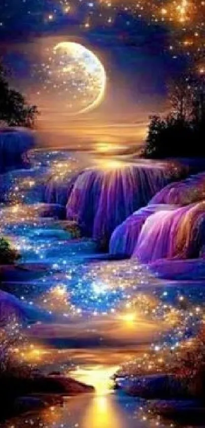 Mystical night scene with waterfall and stars.