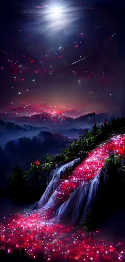 Mystical night waterfall with red flowers under a glowing moon.