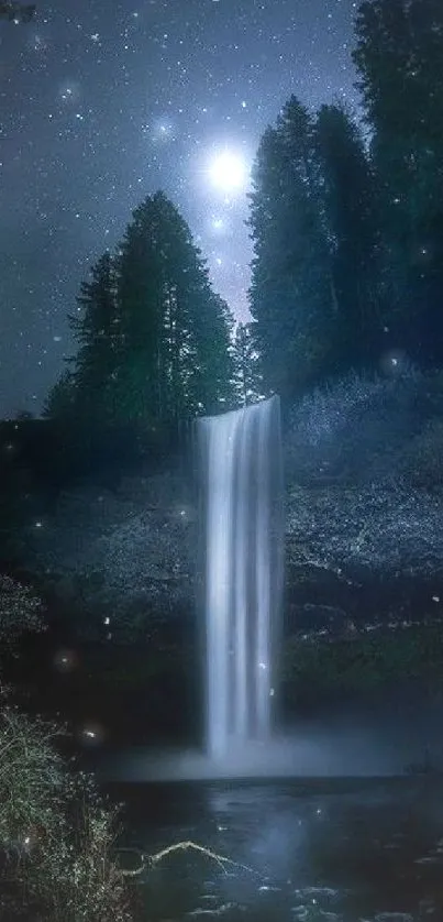 Beautiful waterfall under a starry night sky with forest background.