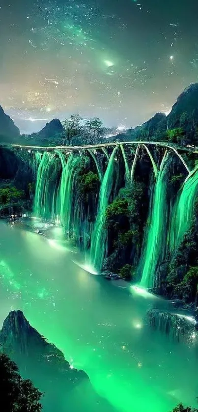Mystical night waterfall glowing in green light with starry sky backdrop.