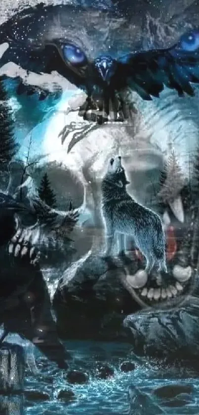 Mystical wildlife scene with wolf, raven, and full moon in dark forest setting.