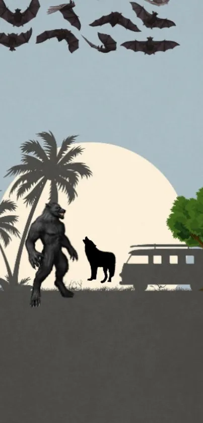 Mystical night wildlife scene with gorilla, wolf, and bats.