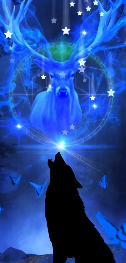 Mystical wallpaper with a glowing stag, howling wolf, and butterflies under stars.