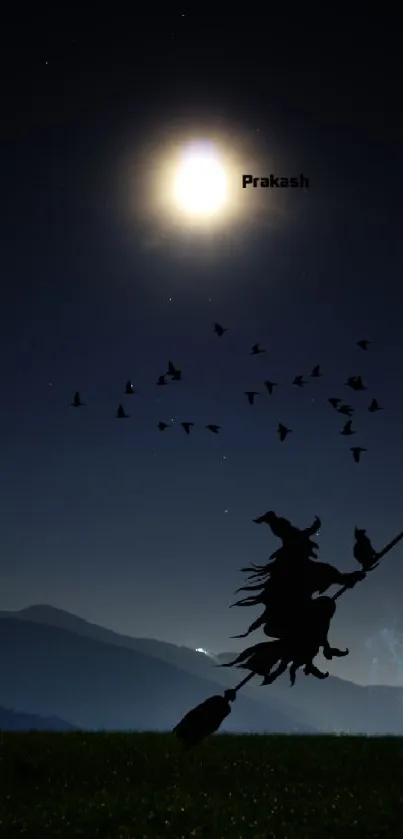 Witch flying under the full moon with birds at night.