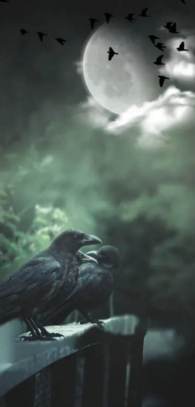 Two ravens perch under a full moon in a dark, misty night scene.