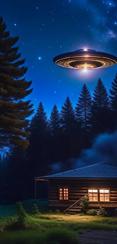 Glowing UFO hovering over forest cabin at night.