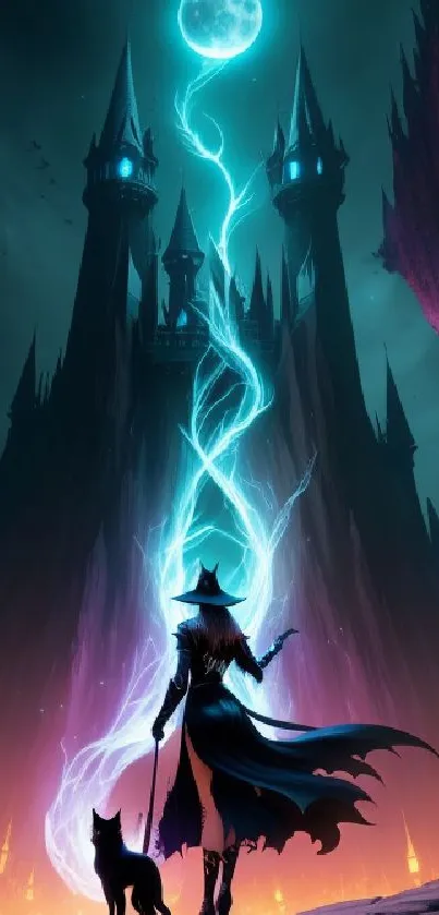 Mystical night scene of wizard and cat with magical glowing elements.