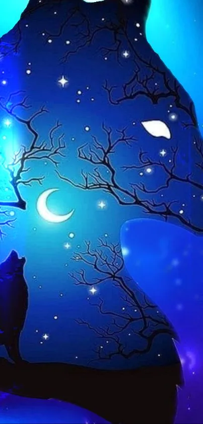 Mystical silhouette of a wolf with a celestial night sky theme.