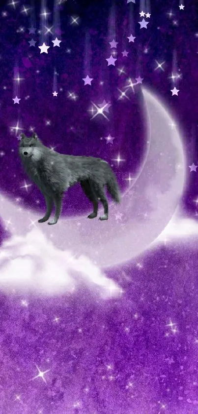 A mystical wolf stands on a crescent moon with a starry purple background.