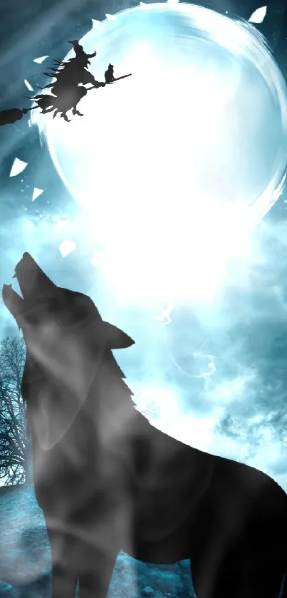 Wolf howling at the glowing moon with a witch flying silhouette in the sky.