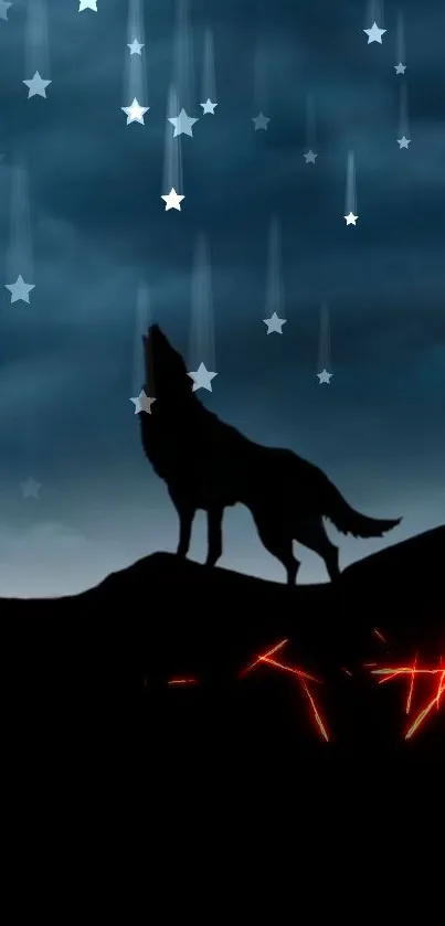 Mystical wolf against starry dark blue backdrop.