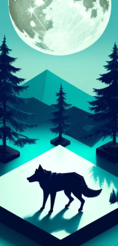 Wolf under full moon in a magical forest wallpaper.