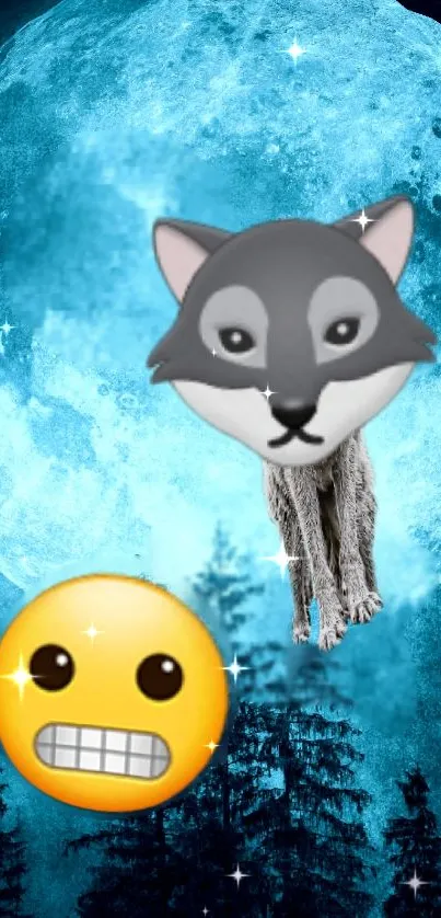 Wolf face with moon and grinning emoji in the night forest.