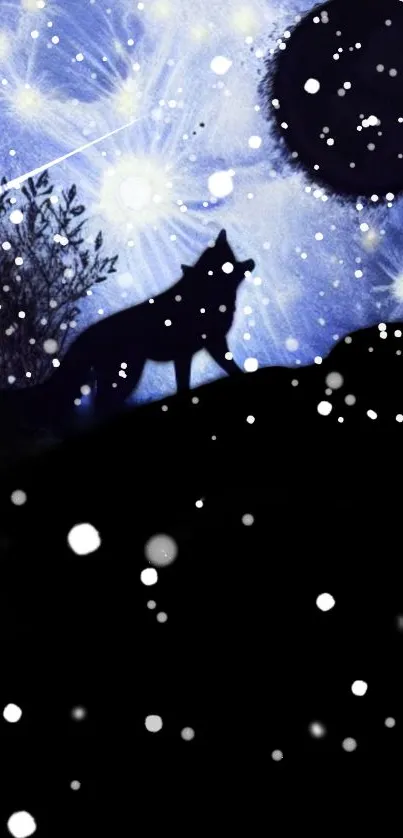 Silhouette of a wolf under a starry night sky with cosmic elements.