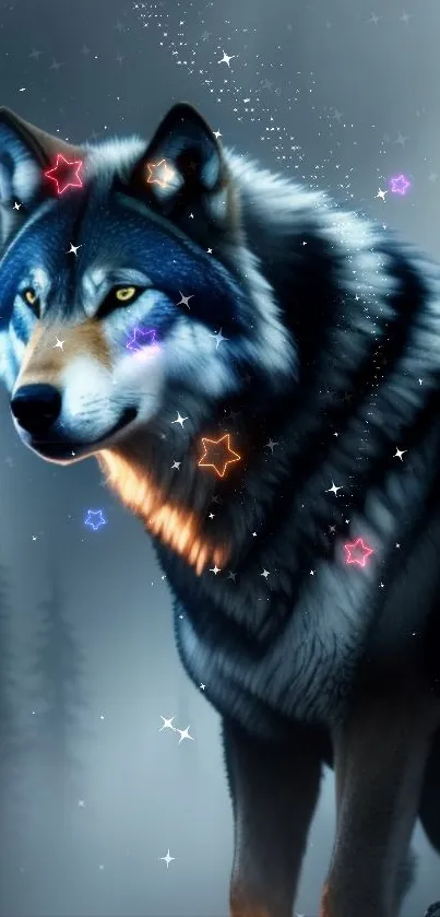 Mystical wolf with colorful stars in a dark forest night scene.