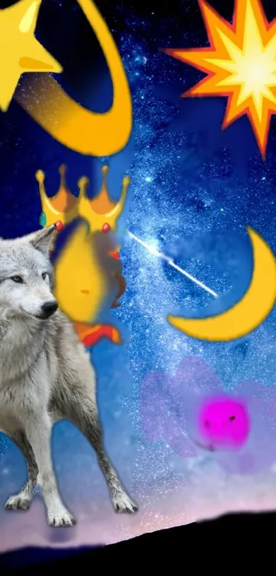 Mystical wolf with starry night and celestial symbols.