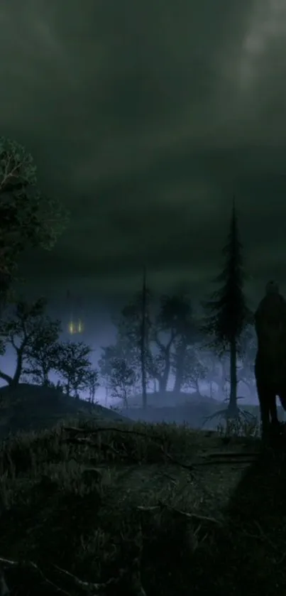 Lone wolf silhouetted against a full moon in a dark, mystical forest scene.