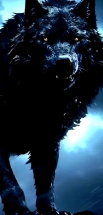 Dark wolf stands against stormy night sky.