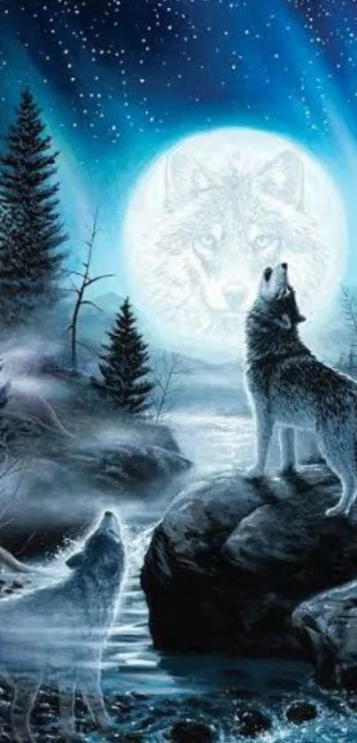 Mystical night scene with howling wolves and a glowing full moon.