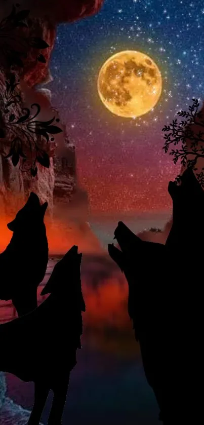 Silhouetted wolves under a vibrant moonlit sky.