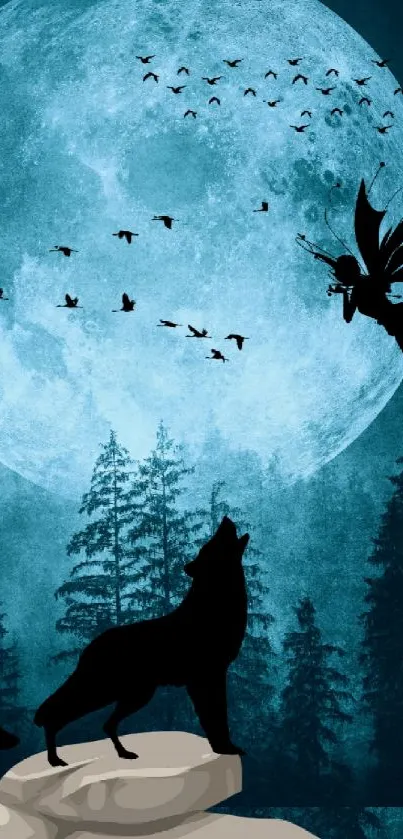 Wolves howling at moon with fairy and forest, mystical night scene.