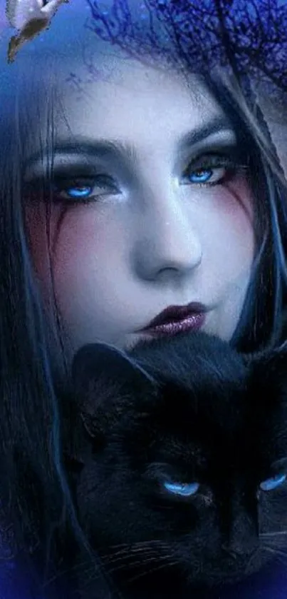 Mystical woman with blue eyes and black cat in a magical night setting.