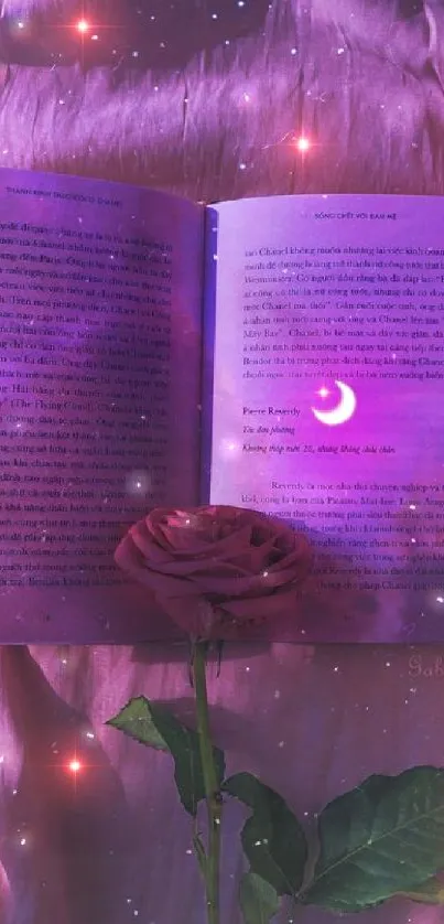 Violet toned wallpaper with book, rose, and starry night sky.