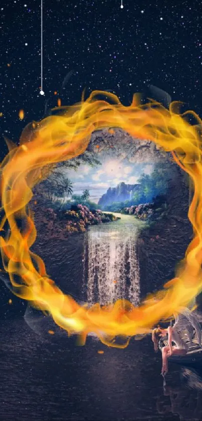 Mystical art with a fiery portal, waterfall, and night sky.