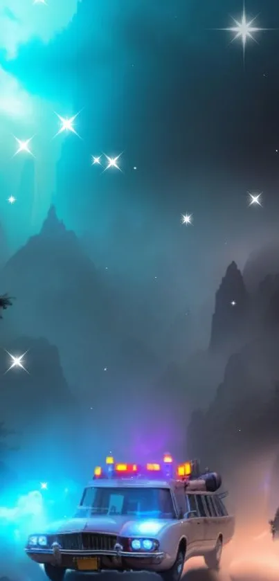 Mystical nightscape with neon lighting and stars over mountains.