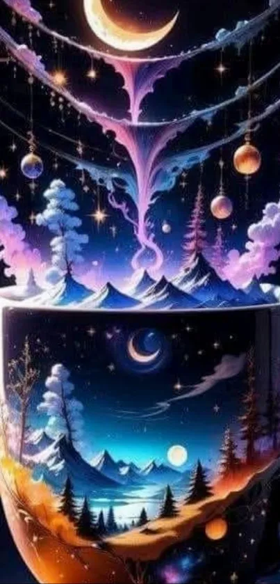 Mystical coffee mug with celestial nightscape design